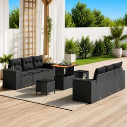 Outdoor Garden Sofa Set 9 Pieces Black Poly Rattan Modular Lounge Seating with