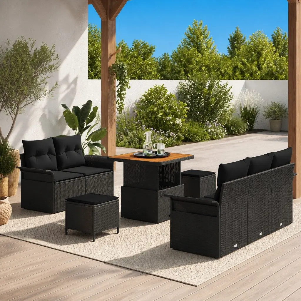 Outdoor Sofa Set Black Poly Rattan 8 Piece with Waterproof Cushion Storage and Powder-Coated Steel Frame