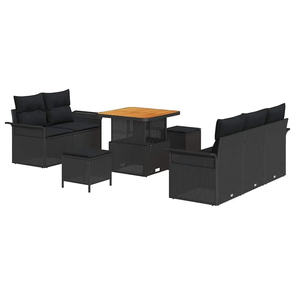 Outdoor Sofa Set Black Poly Rattan 8 Piece with Waterproof Cushion Storage and Powder-Coated Steel Frame