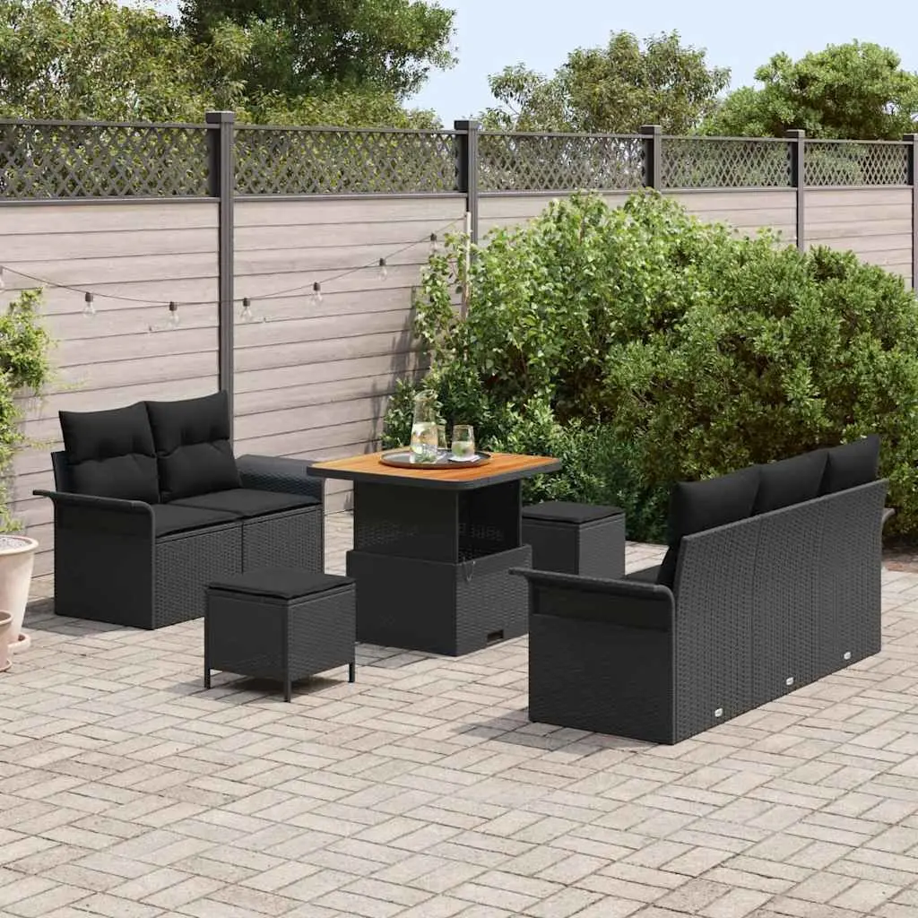 Outdoor Sofa Set Black Poly Rattan 8 Piece with Waterproof Cushion Storage and Powder-Coated Steel Frame