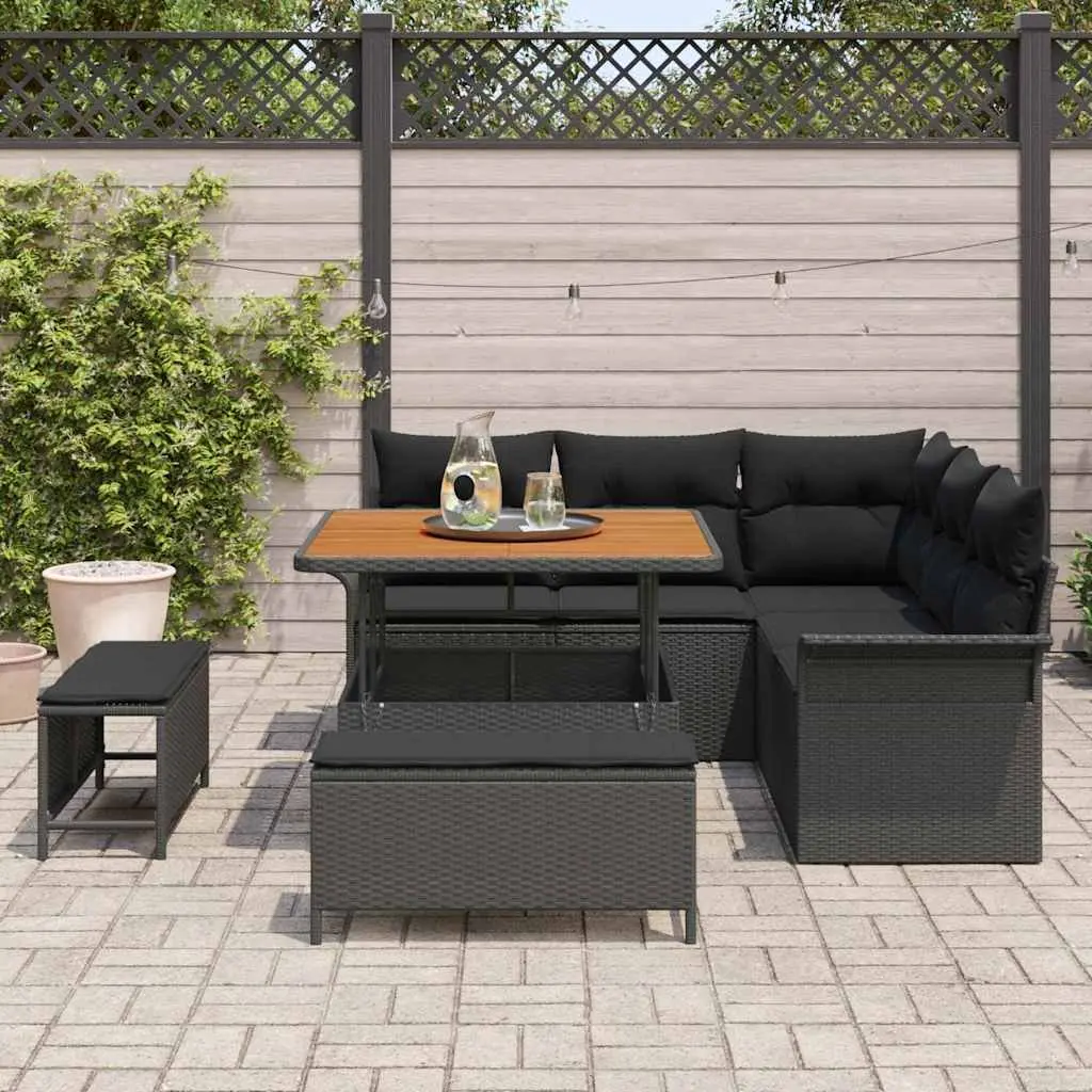 8 Piece Garden Sofa Set Poly Rattan Powder Coated Steel Acacia Wood Black Outdoor Patio Furniture