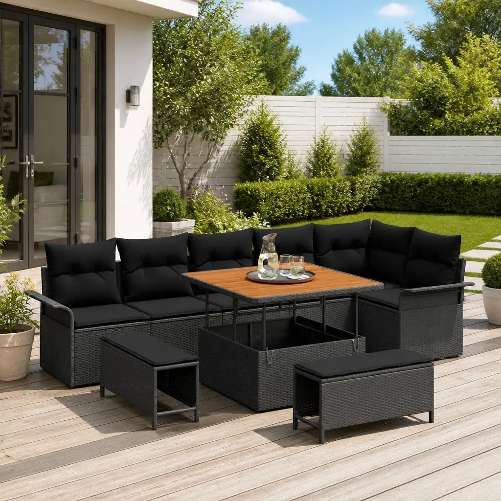 Outdoor Garden Sofa Set 9 Pcs Black Modular Seating with Storage Cushions