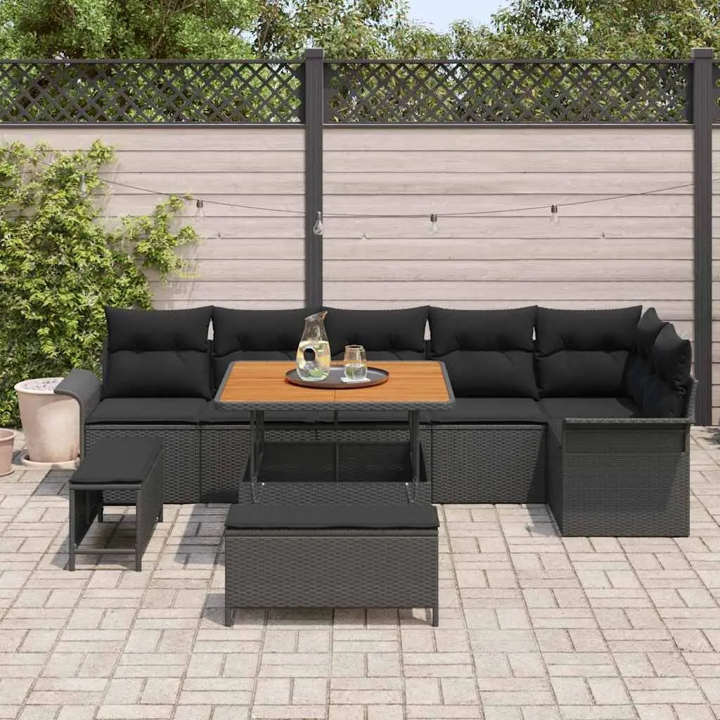 Outdoor Garden Sofa Set 9 Pcs Black Modular Seating with Storage Cushions