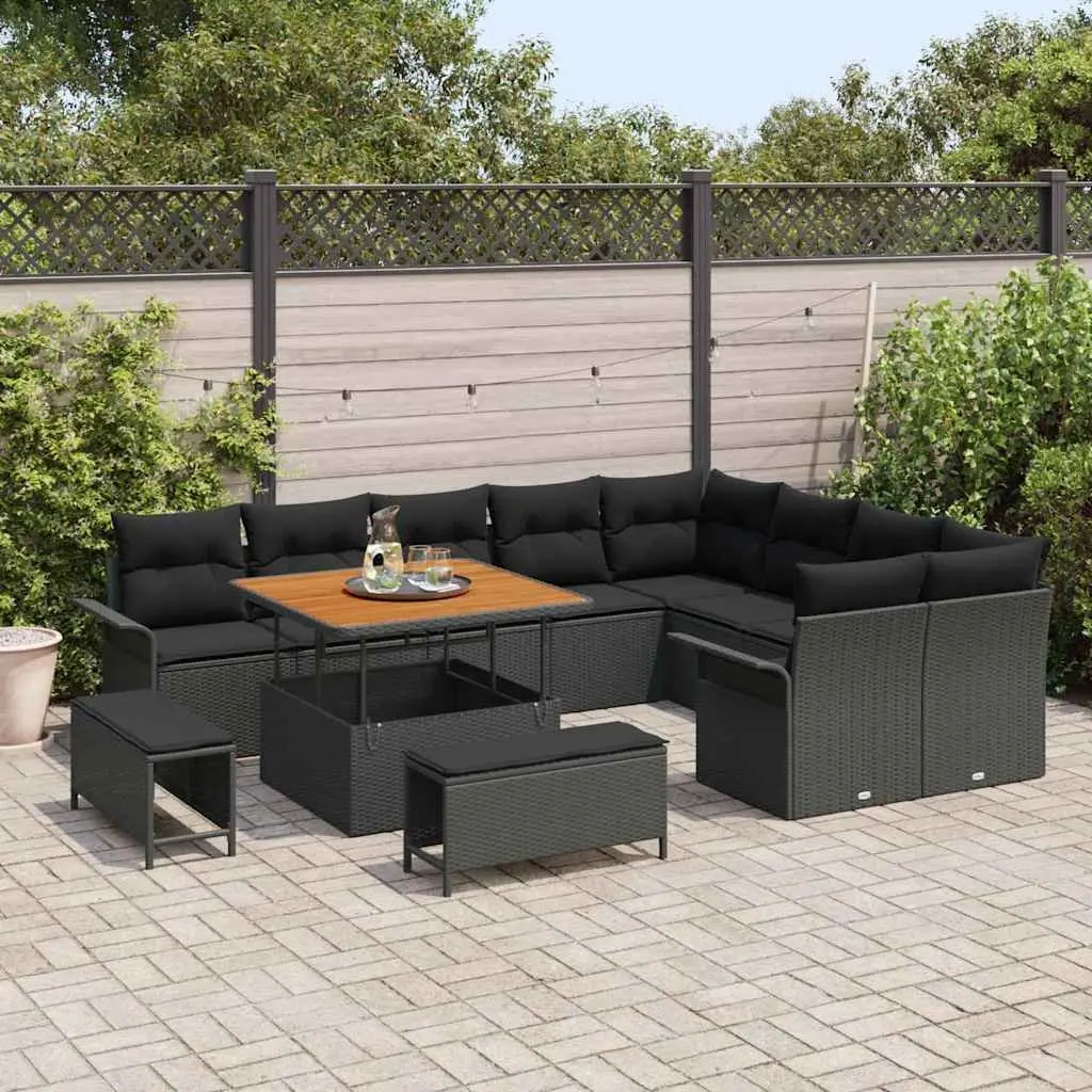 Garden Sofa Set Modular Poly Rattan Steel Frame 12 Pieces Black Outdoor Patio Furniture