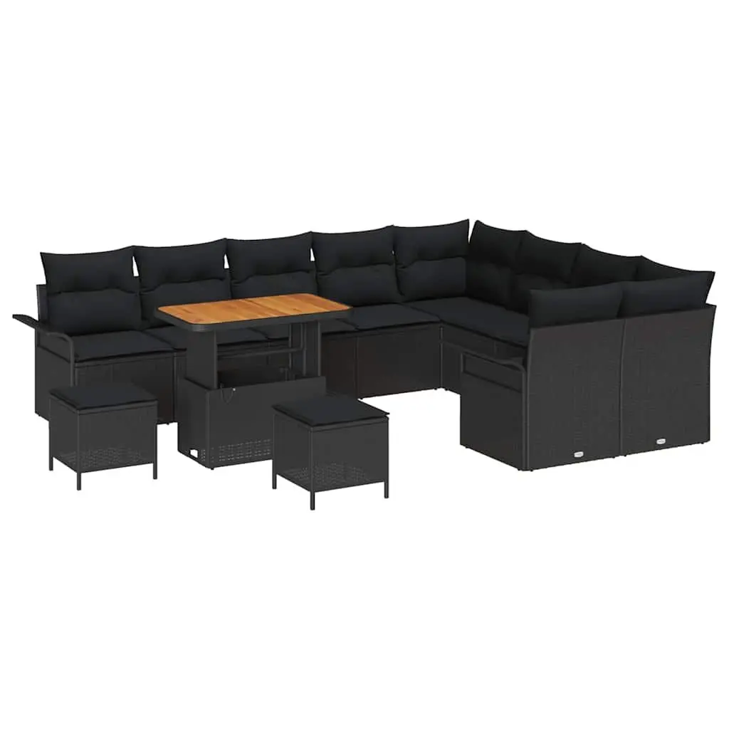 Garden Sofa Set Modular Poly Rattan Steel Frame Acacia Wood 12 Pieces Black
