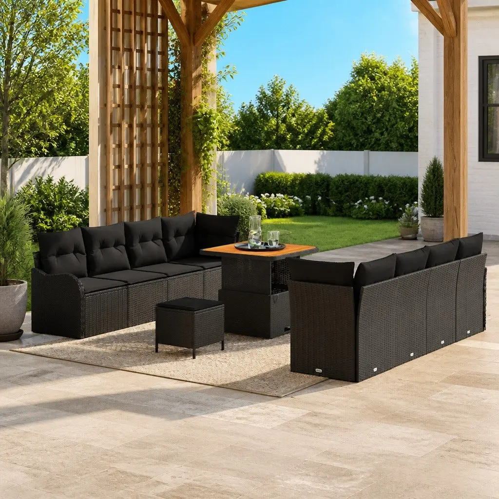 Garden Sofa Set Modular Poly Rattan with Storage Cushions Powder-Coated Steel Frame Black 11 Piece