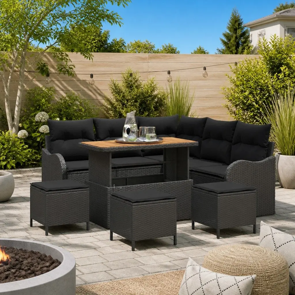 9PieceModularPatioSofaSetBlackPolyRattanPowderCoatedSteelSolidAcaciaWoodOutdoorSeatingWithStorage