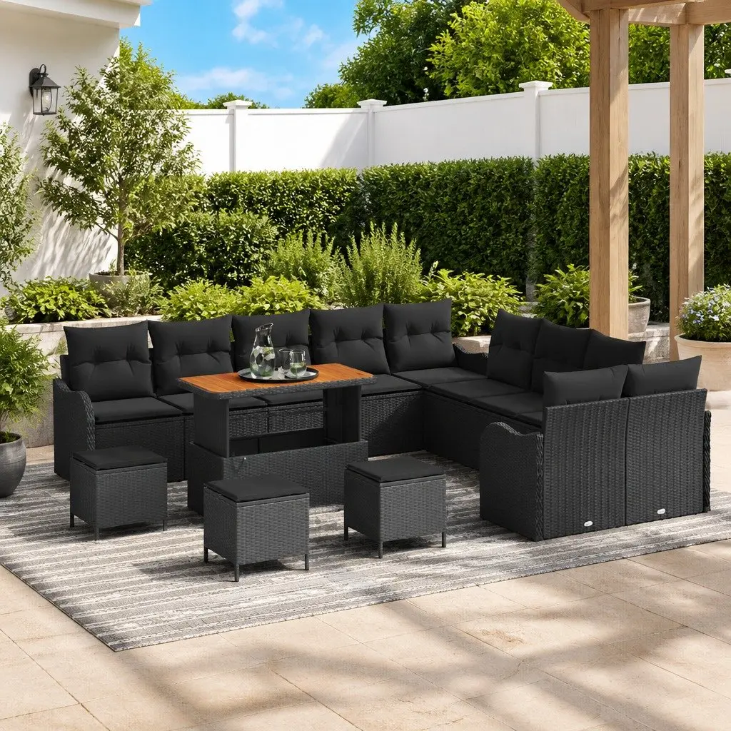 Outdoor Garden Sofa Set Poly Rattan Powder-Coated Steel Frame Solid Acacia Wood 14 Piece Black