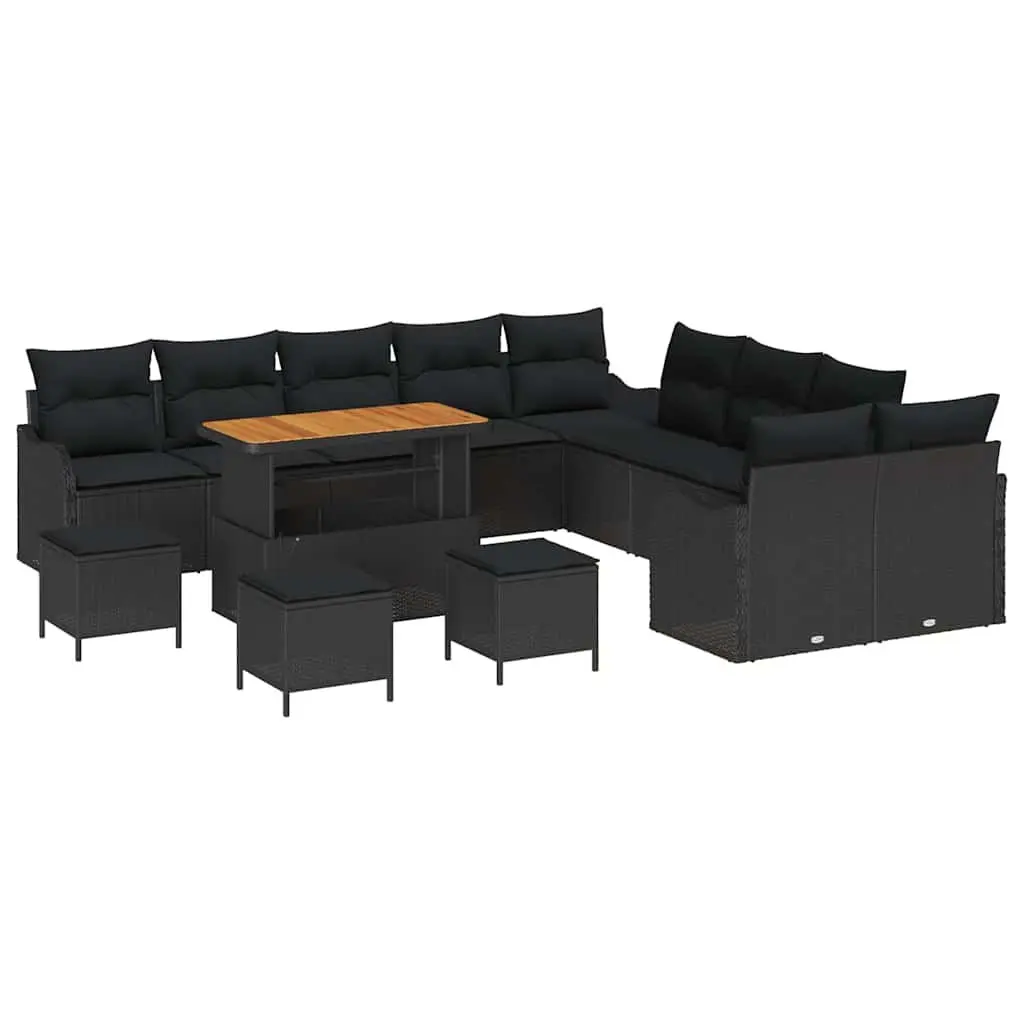 Outdoor Garden Sofa Set Poly Rattan Powder-Coated Steel Frame Solid Acacia Wood 14 Piece Black
