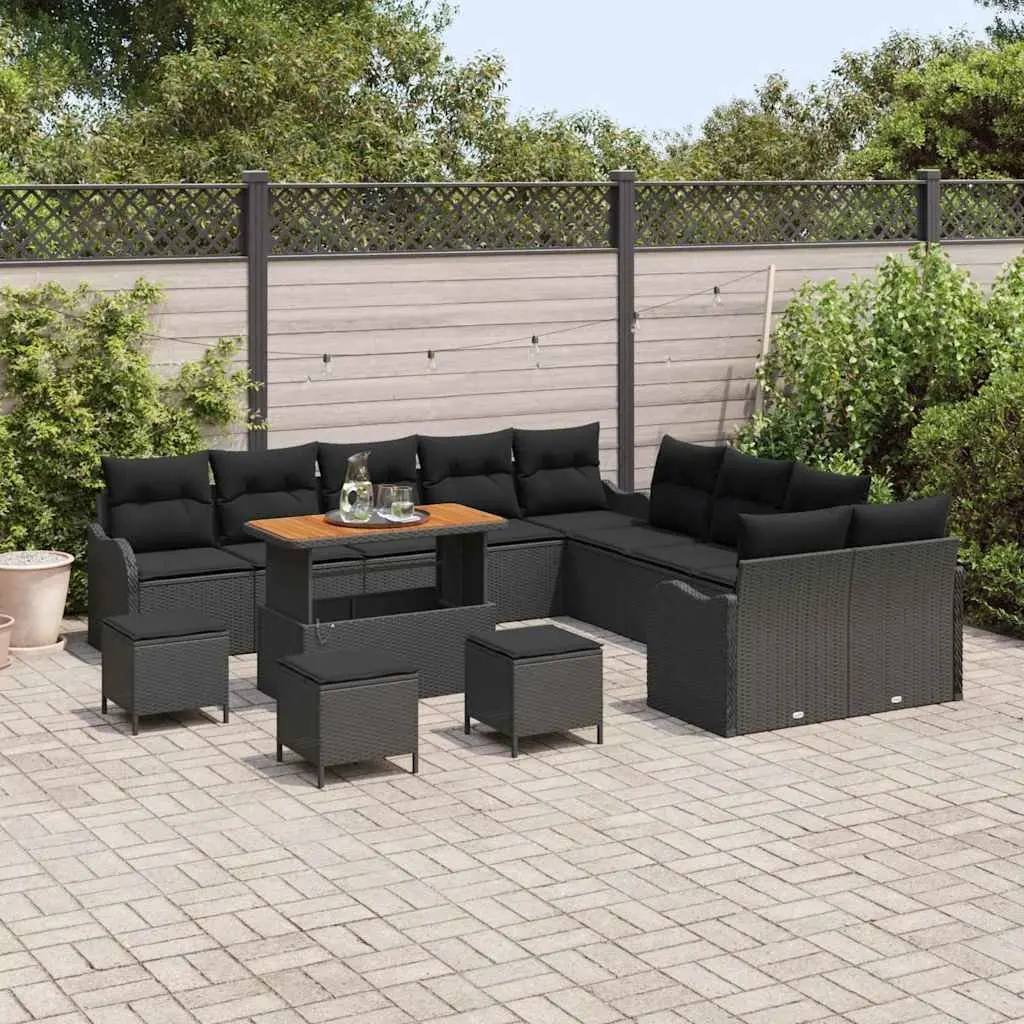 Outdoor Garden Sofa Set Poly Rattan Powder-Coated Steel Frame Solid Acacia Wood 14 Piece Black