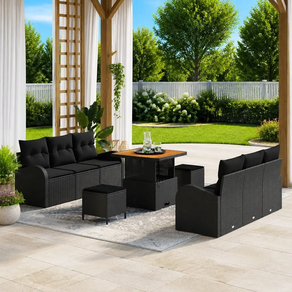 Outdoor Garden Sofa Set Poly Rattan Solid Acacia Wood 9 Piece Black Modular Lounge Seating