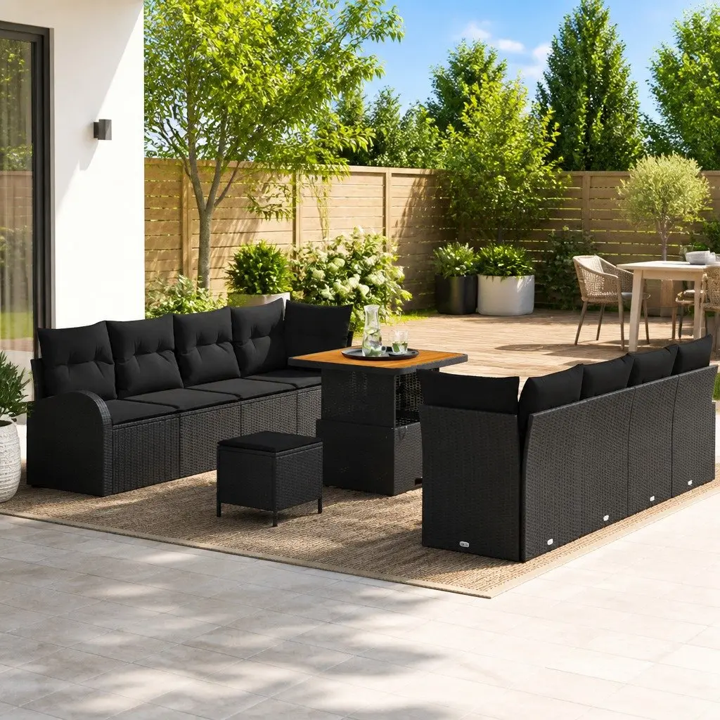 Garden Sofa Set Modular Poly Rattan Powder-Coated Steel Frame Solid Acacia Wood 11 Piece Black