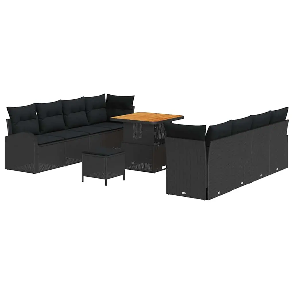 Garden Sofa Set Modular Poly Rattan Powder-Coated Steel Frame Solid Acacia Wood 11 Piece Black