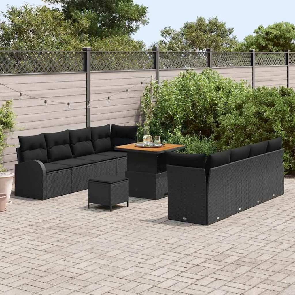 Garden Sofa Set Modular Poly Rattan Powder-Coated Steel Frame Solid Acacia Wood 11 Piece Black