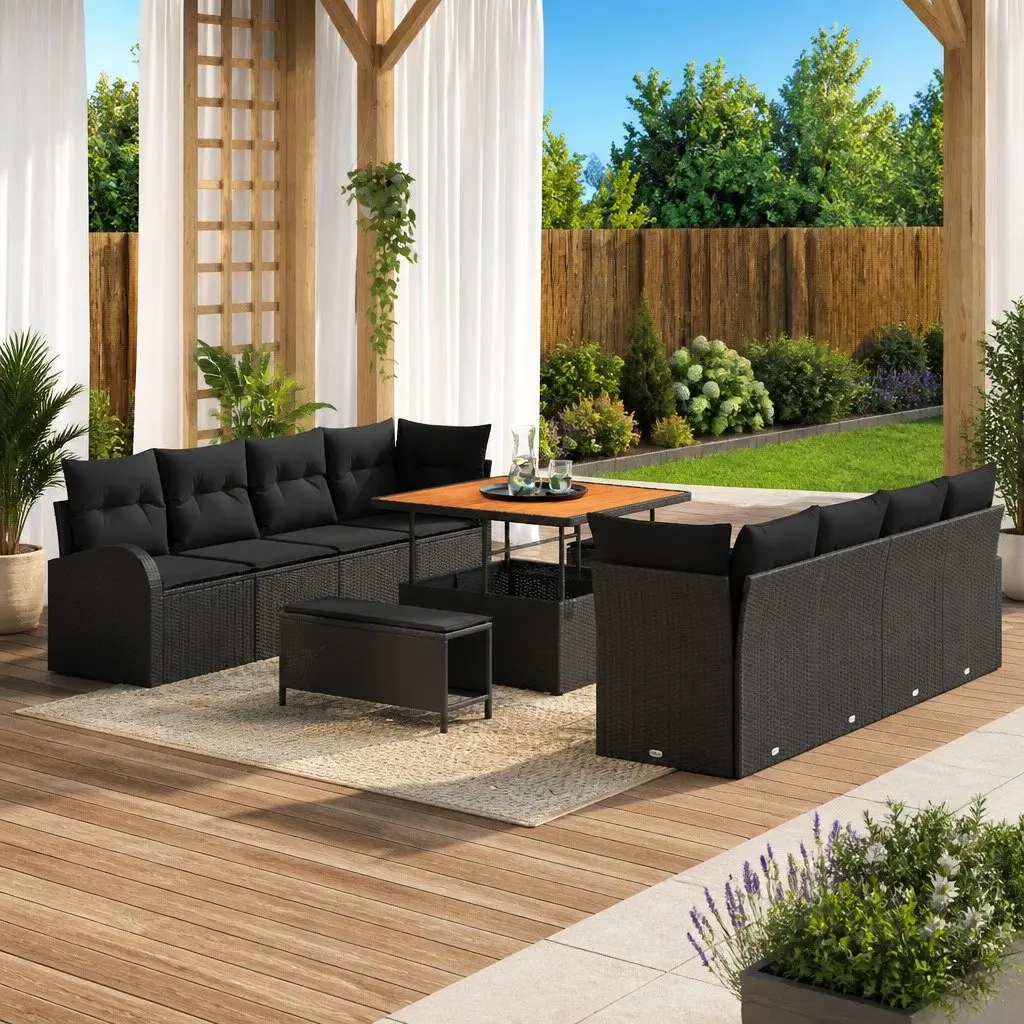 Outdoor Garden Sofa Set 11 Pieces Black Poly Rattan Patio Seating with Storage
