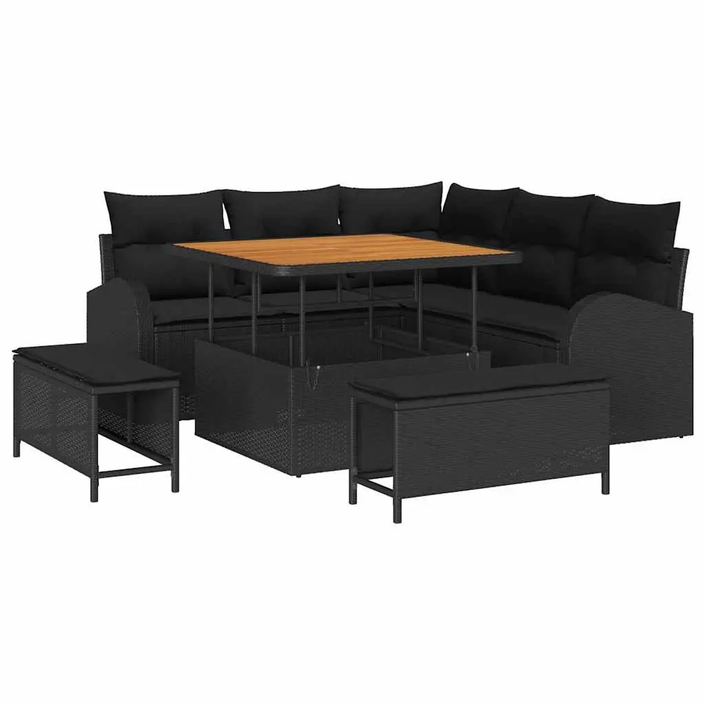 Modular Garden Sofa Set Poly Rattan and Solid Acacia Wood 8 Piece Black with Storage Cushions
