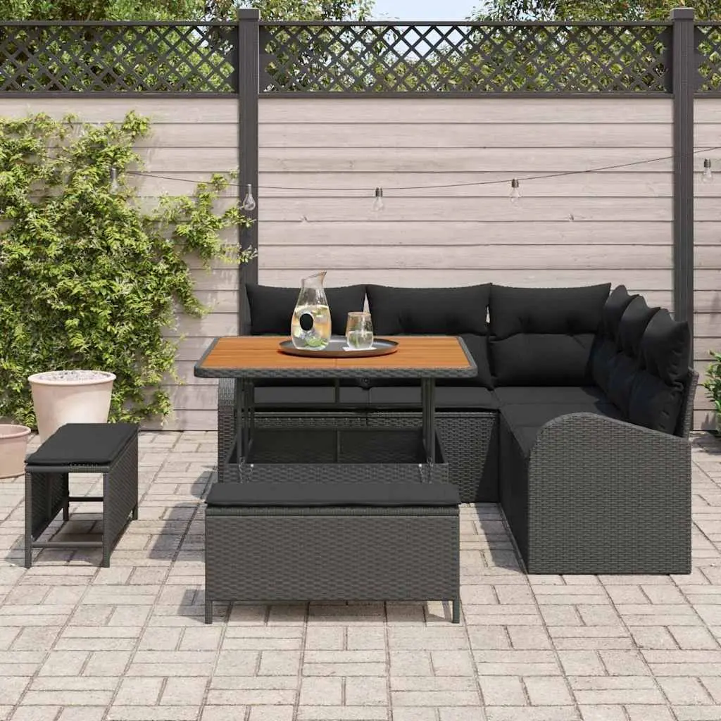 Modular Garden Sofa Set Poly Rattan and Solid Acacia Wood 8 Piece Black with Storage Cushions