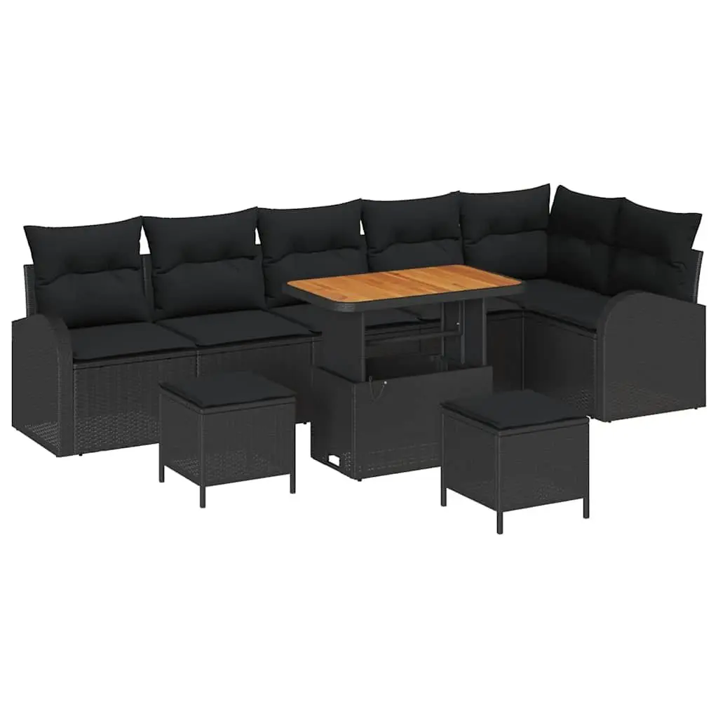 Outdoor Garden Sofa Set Poly Rattan Powder-Coated Steel Frame Solid Acacia Wood 9 Pieces Black