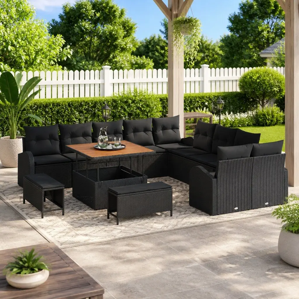 Outdoor Garden Sofa Set Poly Rattan Steel Frame Acacia Wood 13 Piece Black Cushioned Seating with Storage
