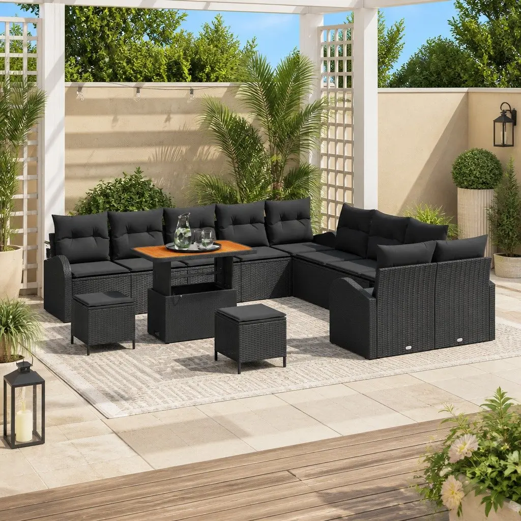 Garden Sofa Set Poly Rattan Steel Acacia Wood 13 Pieces Outdoor Seating Black