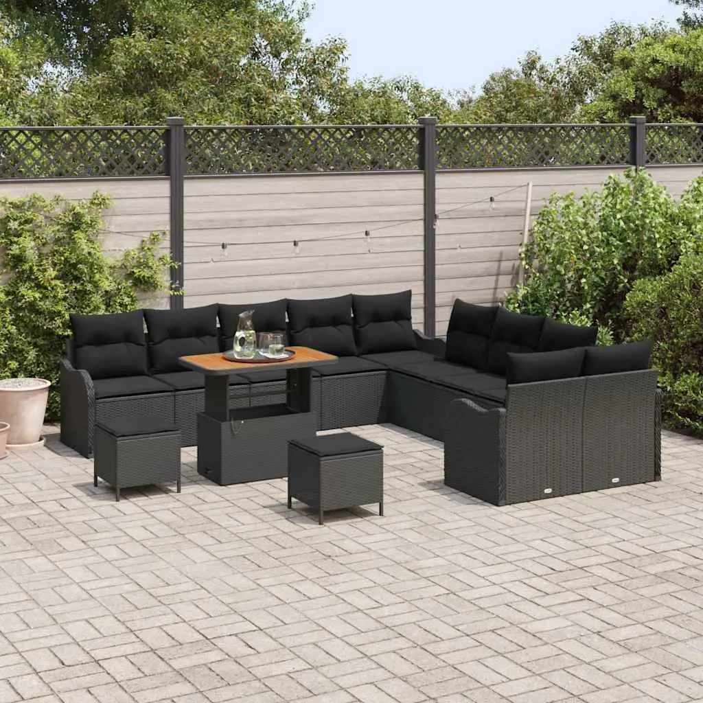 Garden Sofa Set Poly Rattan Steel Acacia Wood 13 Pieces Outdoor Seating Black