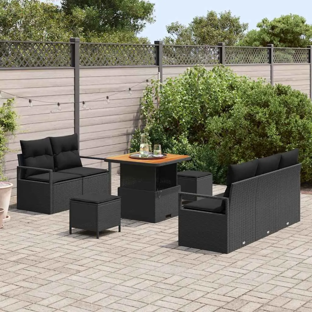 Outdoor Garden Sofa Set Poly Rattan Acacia Wood 8 Pieces Black