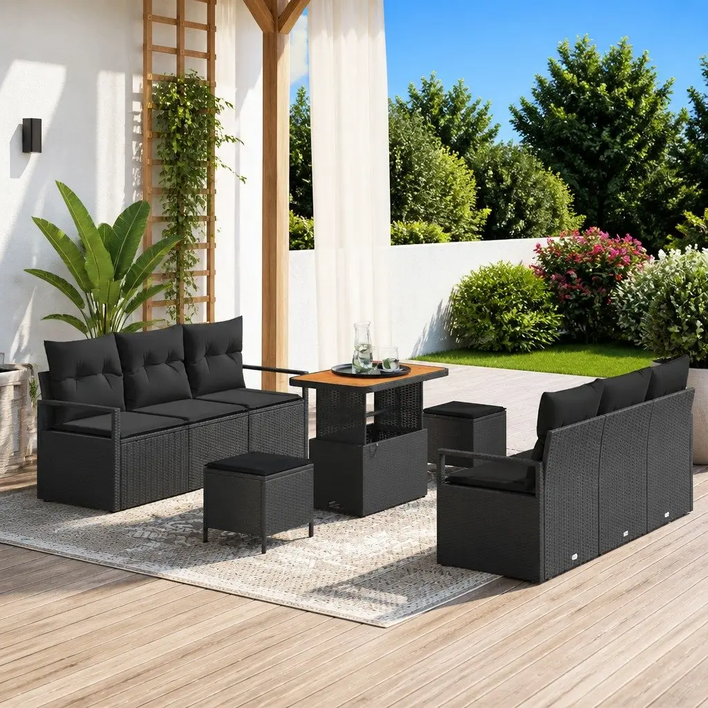 9PieceModularPatioFurnitureOutdoorGardenSofaSetPolyRattanBlackWithStorageCushionsRemovableWaterproofBags