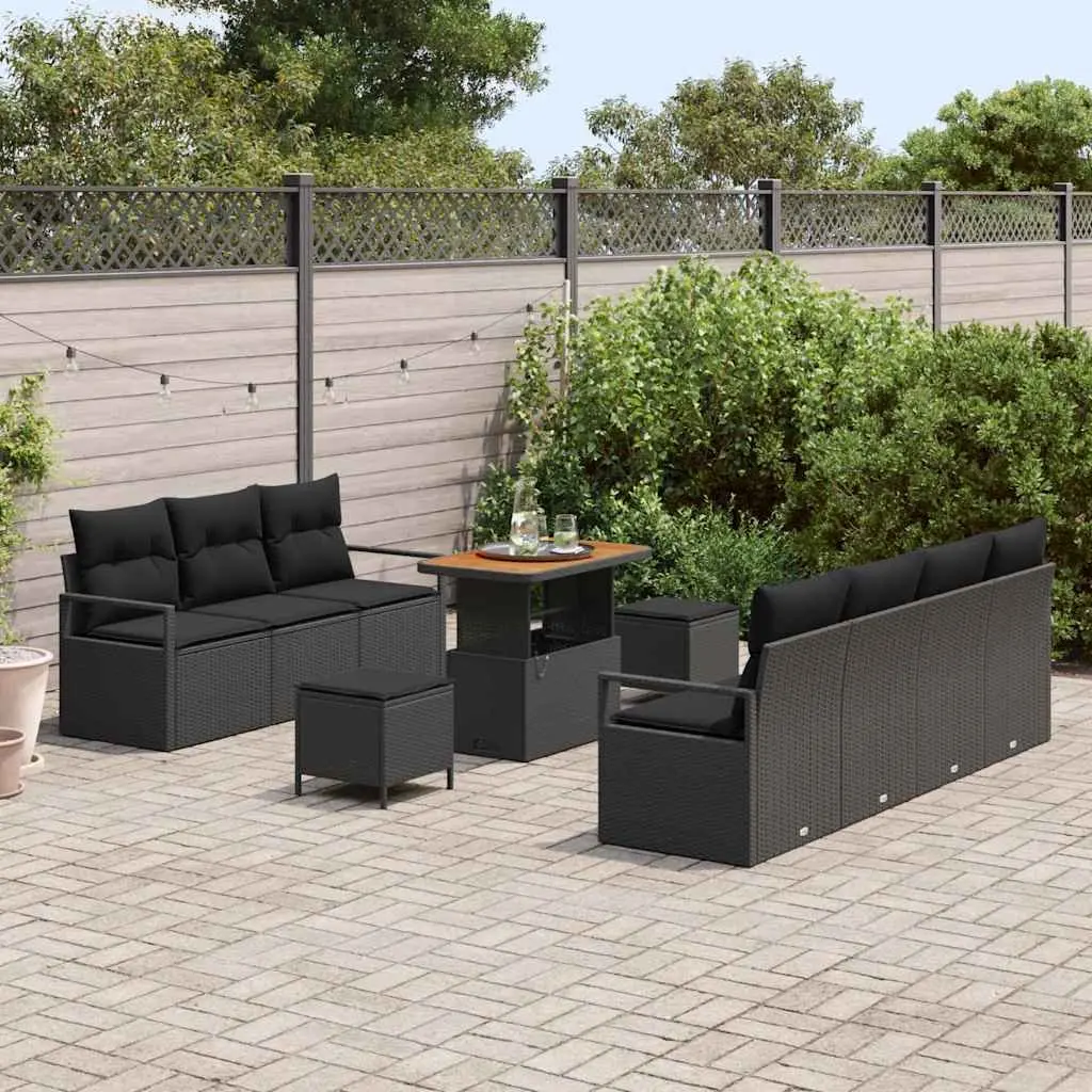 Outdoor Garden Sofa Set 10 Pieces Black Poly Rattan Patio Furniture with Storage