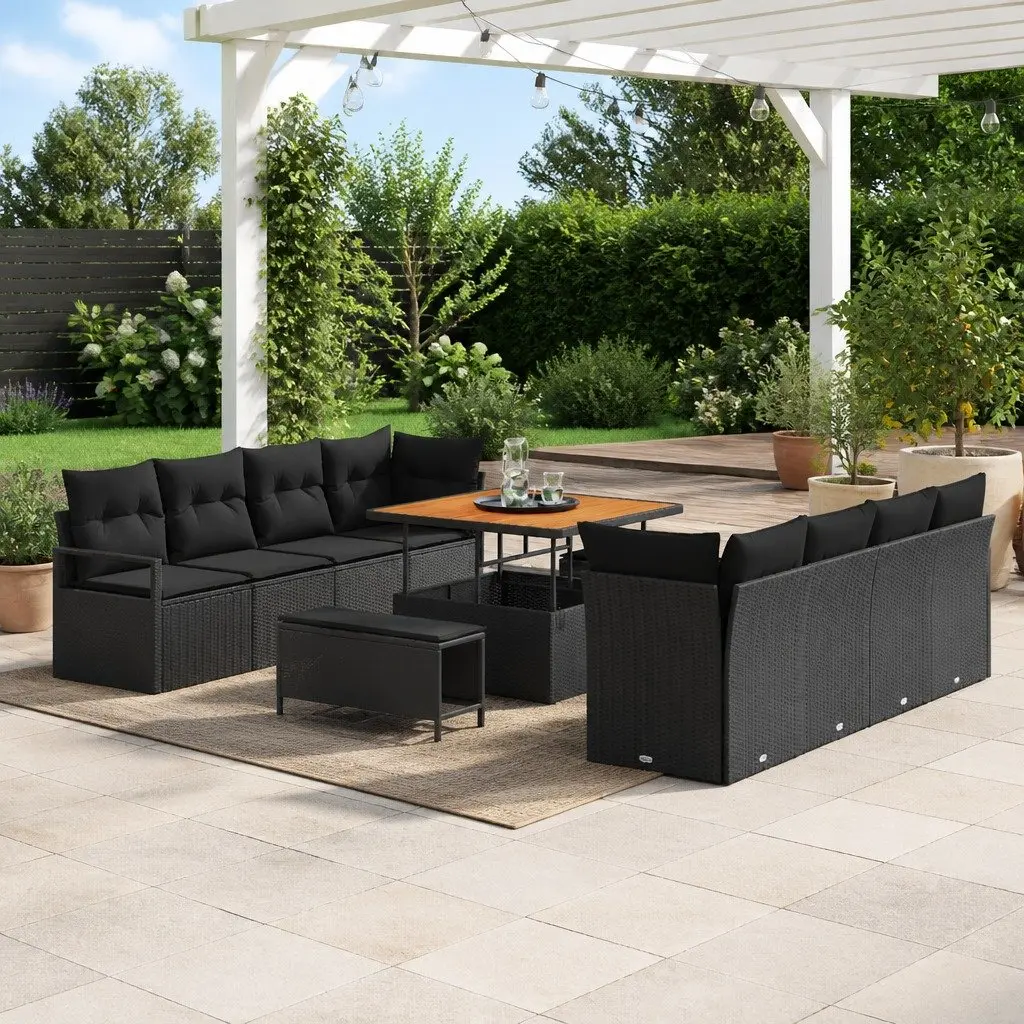 Modular Rattan Garden Sofa Set with Cushion Black Steel Acacia Wood