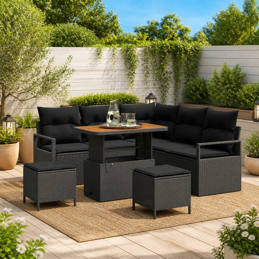 Modular Outdoor Garden Sofa Set Poly Rattan Black 8 Piece with Storage