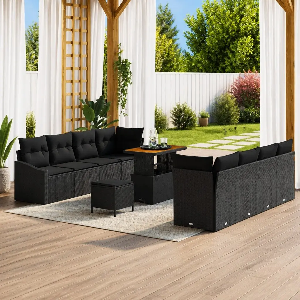 Outdoor Garden Sofa Set 11 pcs Black Poly Rattan Patio Seating with Storage