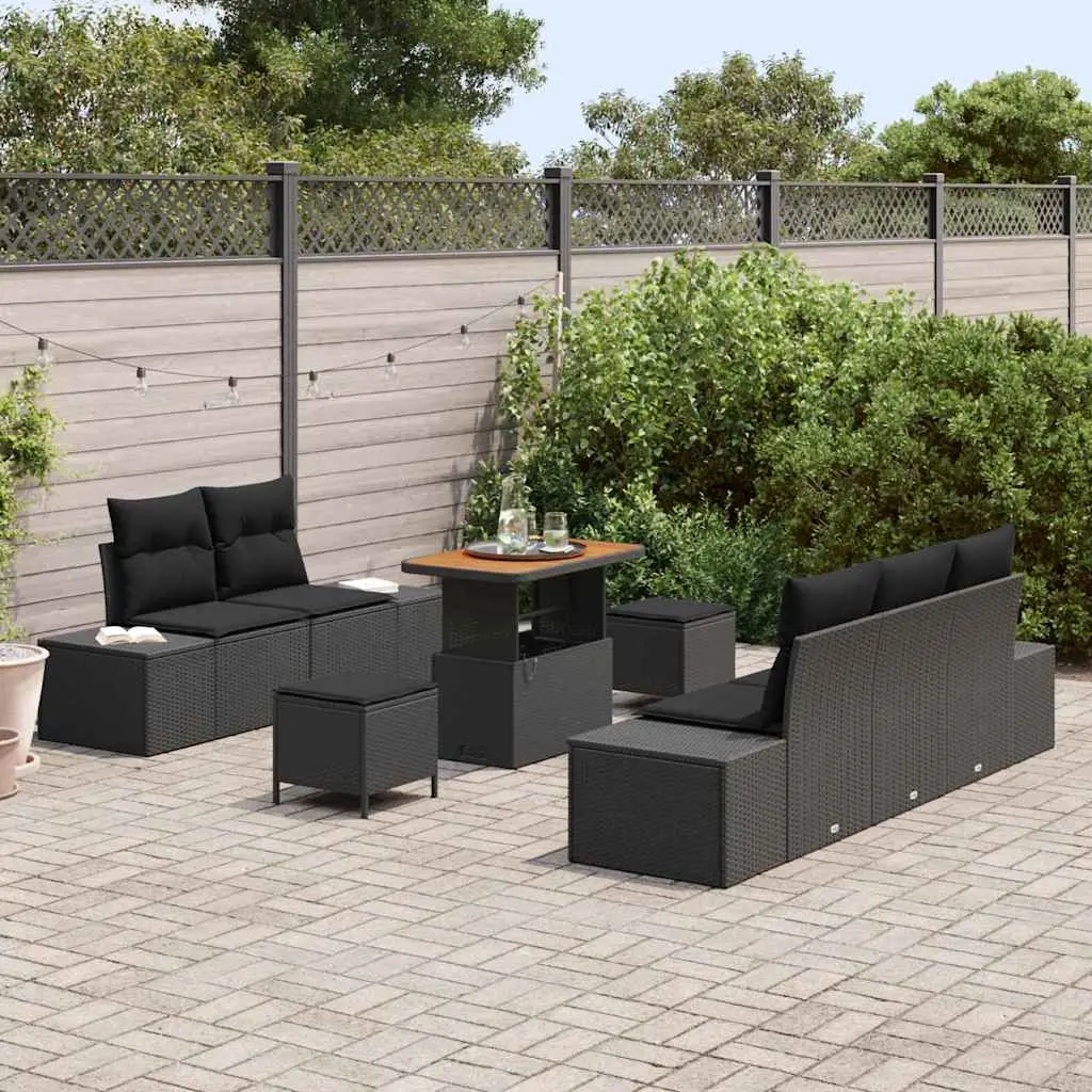 Outdoor Garden Sofa Set 8 Pieces Black Poly Rattan Patio Furniture with Cushions