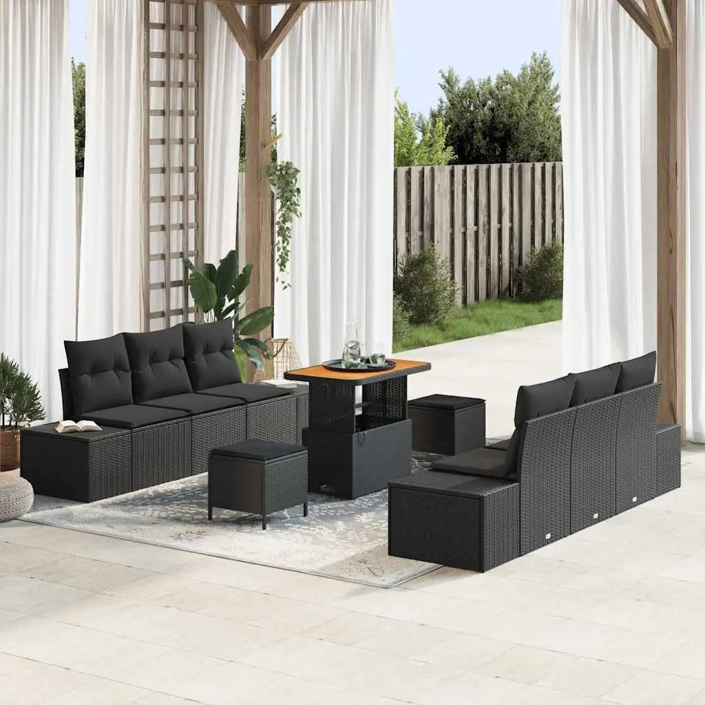 Outdoor Garden Sofa Set 9 Piece Black Poly Rattan with Storage and Cushions