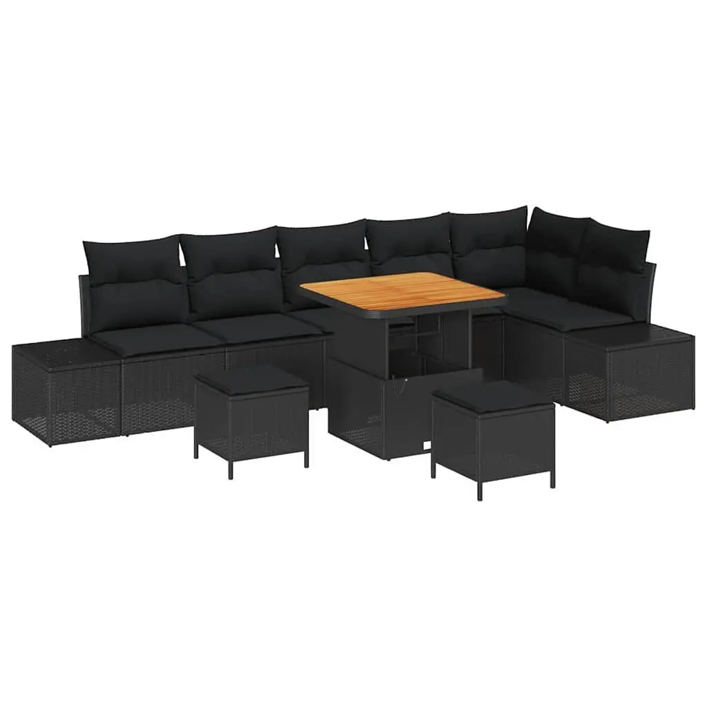 Modular Outdoor Sofa Set Black Poly Rattan 9 Piece with Cushions for Patios and Gardens