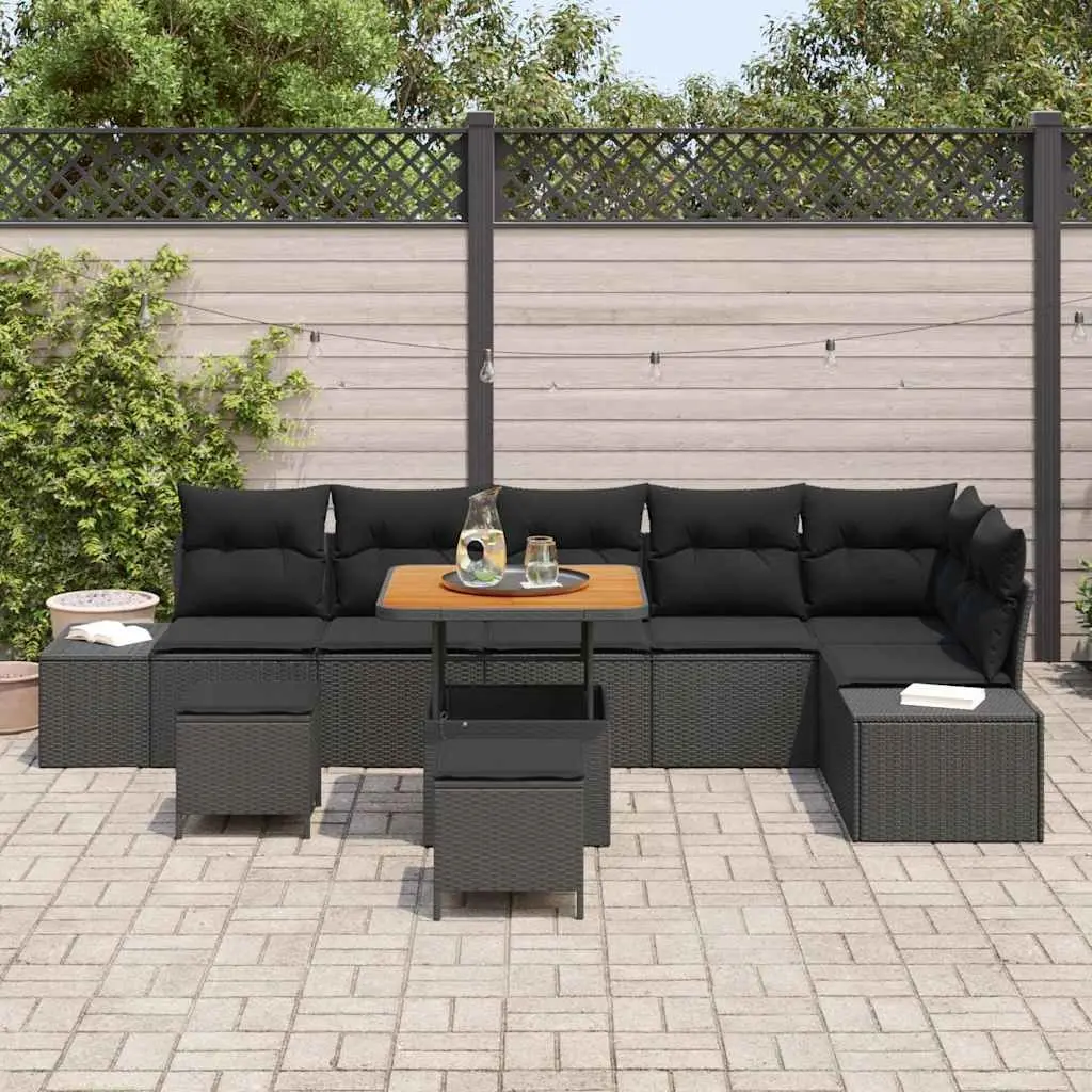 Modular Outdoor Sofa Set Black Poly Rattan 9 Piece with Cushions for Patios and Gardens