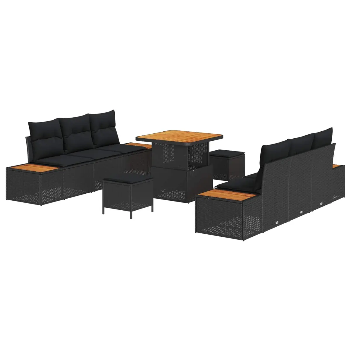 Outdoor Garden Sofa Set Modular Poly Rattan Solid Acacia Wood 9 Piece Black