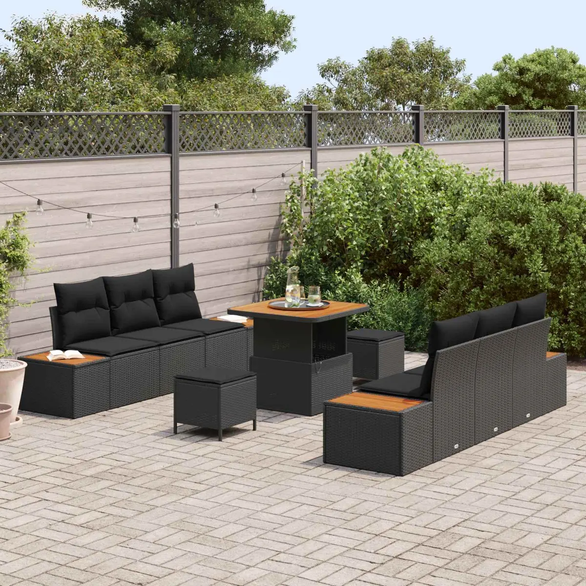 Outdoor Garden Sofa Set Modular Poly Rattan Solid Acacia Wood 9 Piece Black