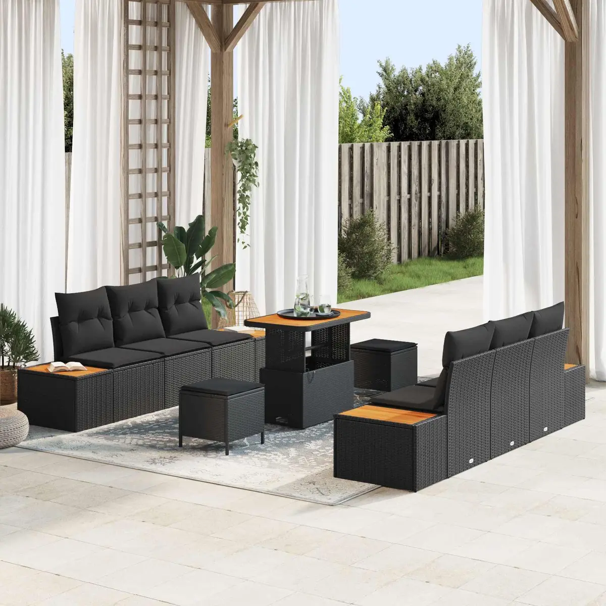 Outdoor Garden Sofa Set Poly Rattan Acacia Wood 9 Pieces Black Modular Seating