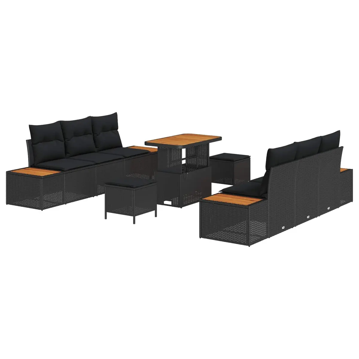 Outdoor Garden Sofa Set Poly Rattan Acacia Wood 9 Pieces Black Modular Seating