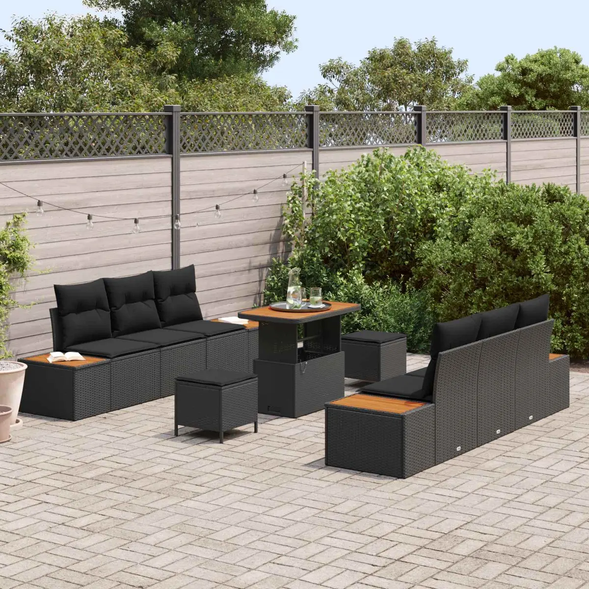 Outdoor Garden Sofa Set Poly Rattan Acacia Wood 9 Pieces Black Modular Seating