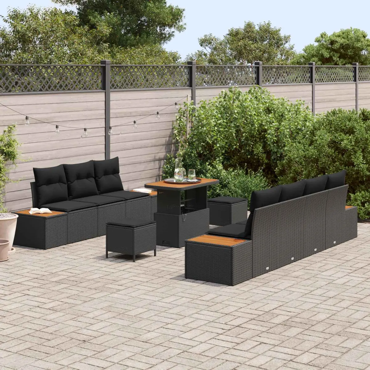 Outdoor Garden Sofa Set 10 Piece Black Poly Rattan Patio Seating with Storage