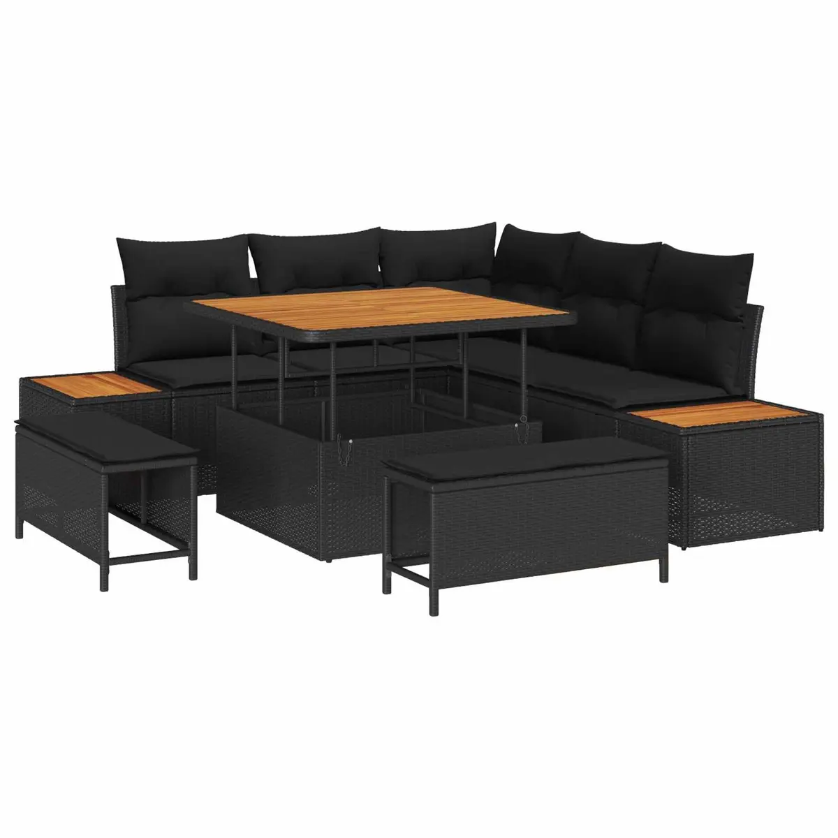 Outdoor Garden Sofa Set Poly Rattan Solid Acacia Wood 8 Piece Black