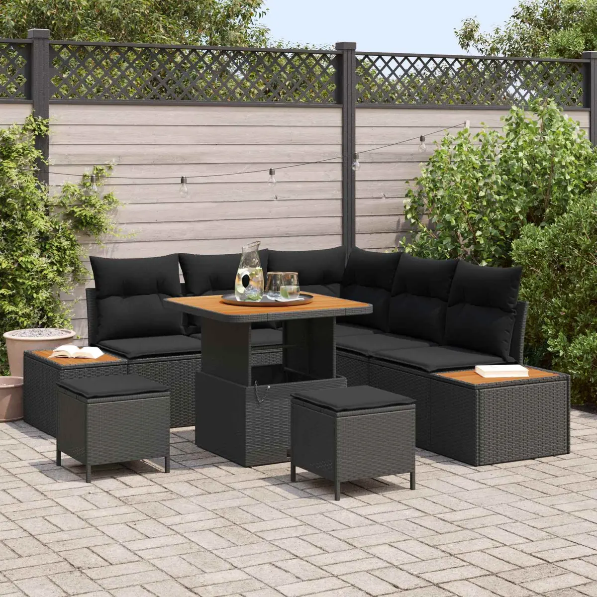 Outdoor Garden Sofa Set 8 Piece Black Poly Rattan Modular Patio Seating with