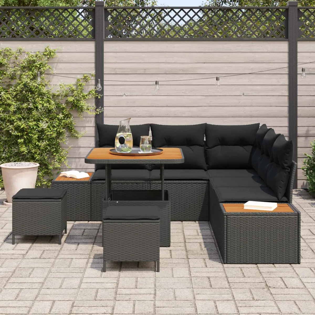 Outdoor Garden Sofa Set 8 Piece Black Poly Rattan Modular Patio Seating with