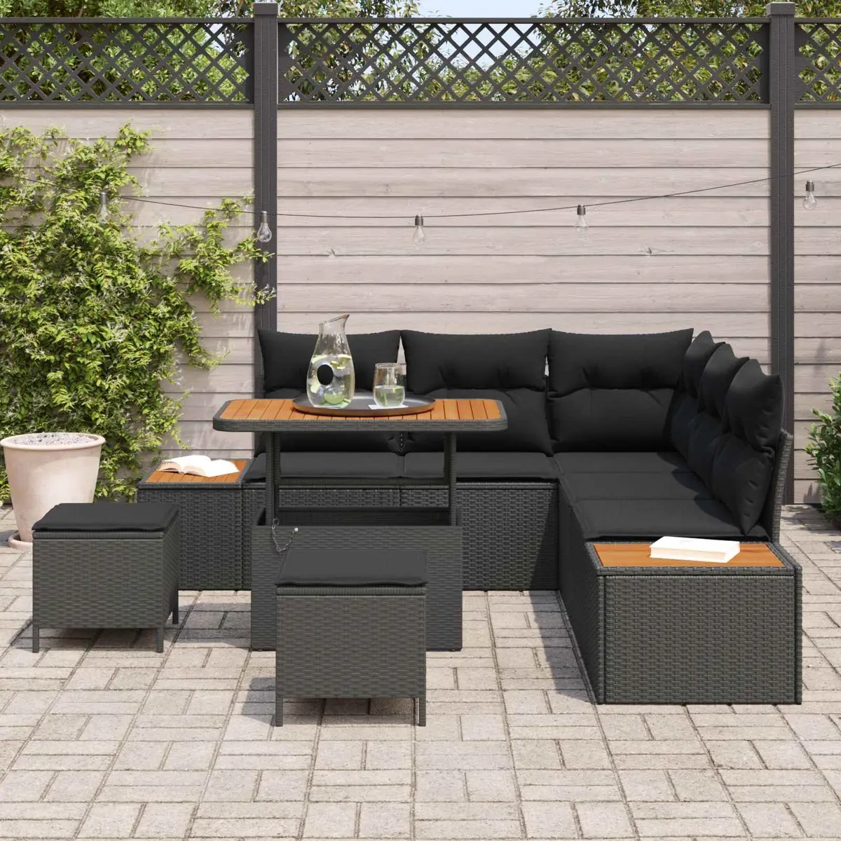 Modular8pieceblackpolyestercushionsofaoutdoorgardenfurniturewithrattanandacaciawooddesign