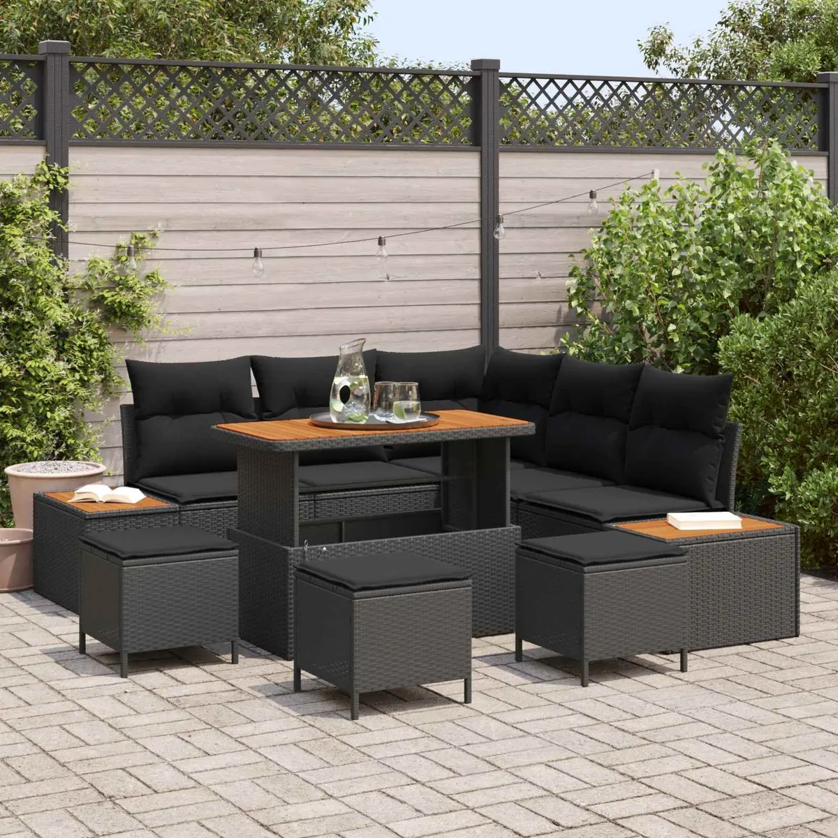 Outdoor Garden Sofa Set Poly Rattan 9 Pieces Black with Cushions