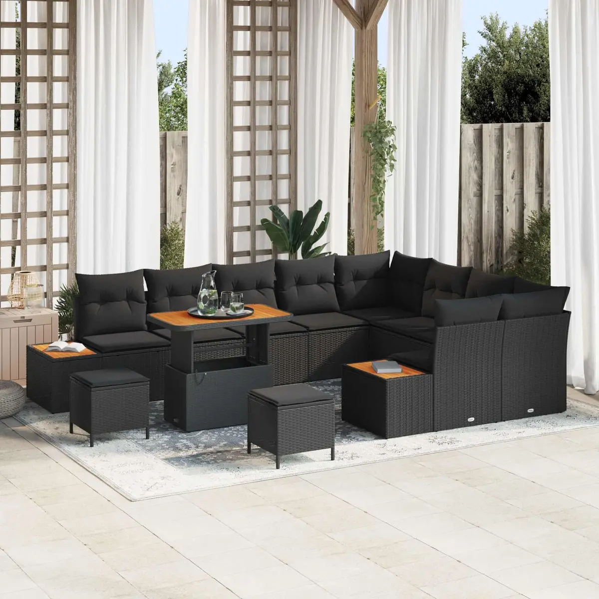 Garden Sofa Set Poly Rattan 12 Piece Modular Outdoor Seating Black with Cushions