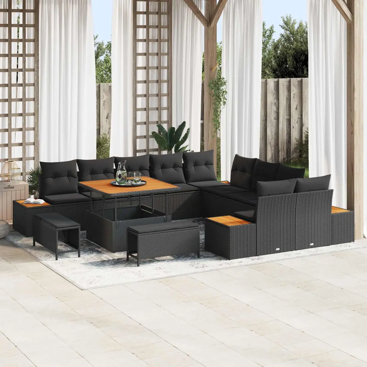 Outdoor Garden Sofa Set 13 Pieces Black Poly Rattan Patio Furniture with Storage