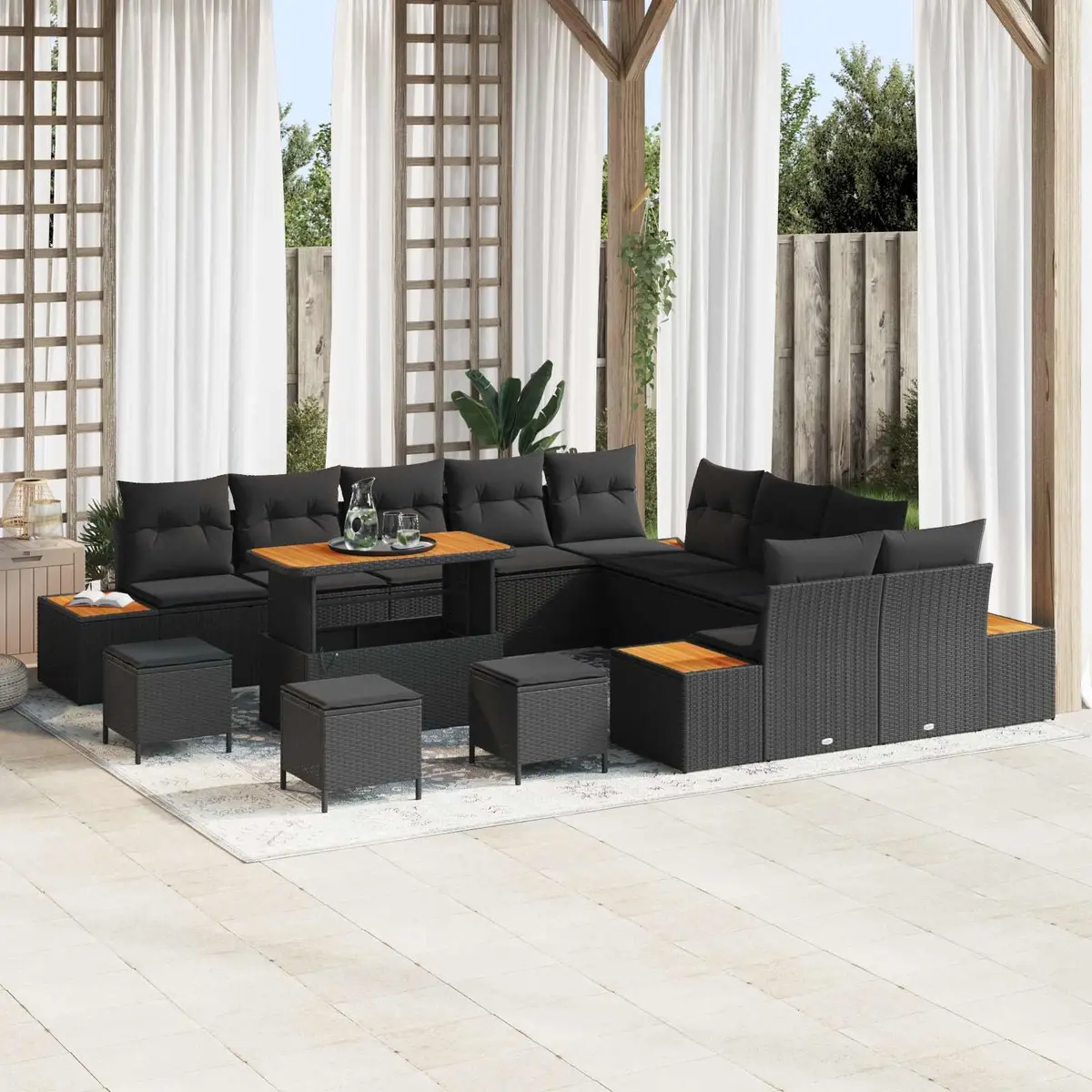 Garden Sofa Set 14 Pieces Black Poly Rattan Outdoor Patio Furniture with Storage
