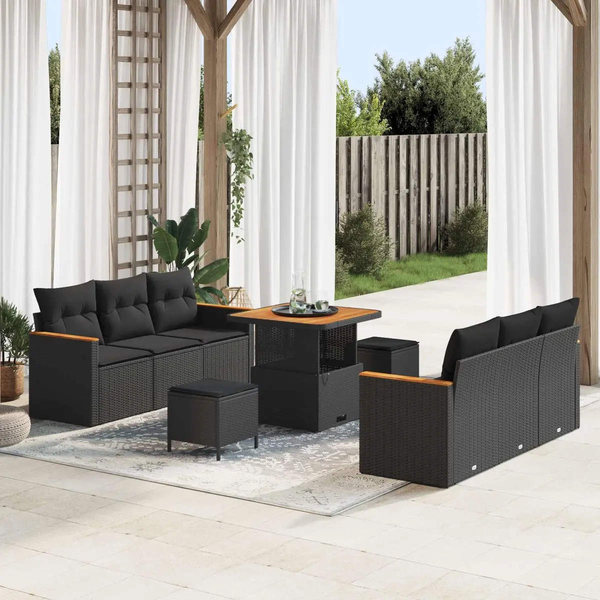 Modular Garden Sofa Set Poly Rattan Acacia Wood 11 Pieces Black